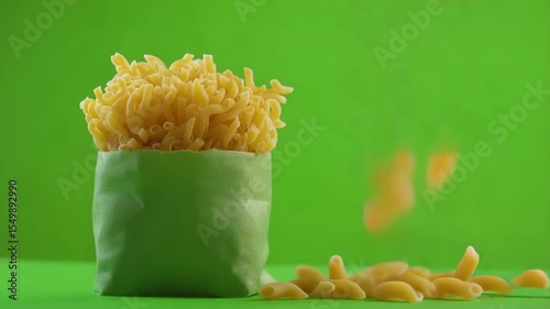 Uncooked pasta in a green paper bag