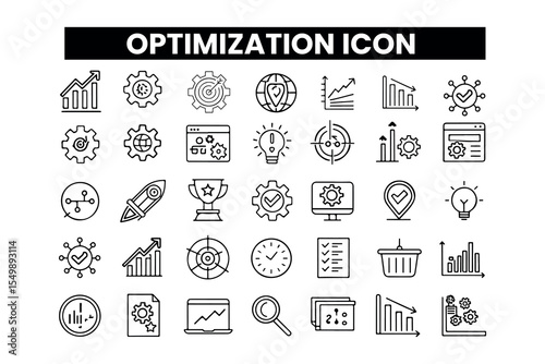 Set of outline icons related to optimization . Linear icon collection. Editable stroke. Vector illustration