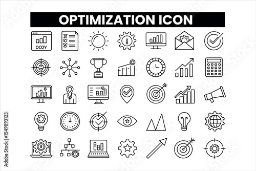 Set of outline icons related to optimization . Linear icon collection. Editable stroke. Vector illustration