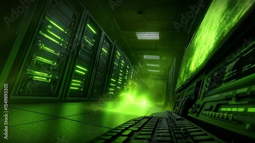 Server room with glowing green data displays.