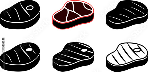 3d steak icon set in black and red colors  beef or.eps