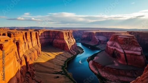 Iconic horseshoe bend in arizona at sunset with the colorado river carving through red rock canyons under a dramatic sky