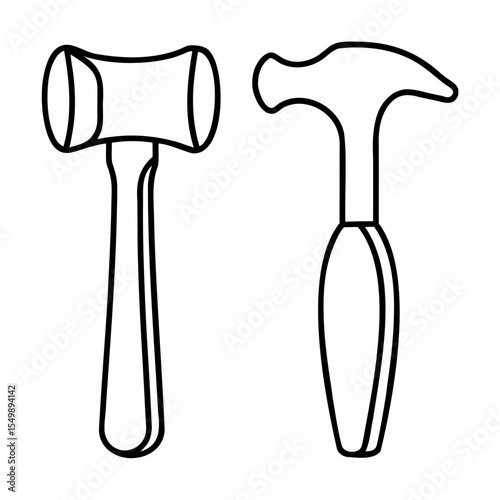 Two Black Line Art Hammers on White Background tools
