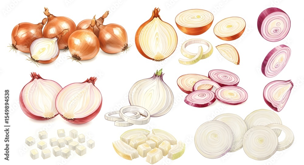 Fototapeta premium Onions set pack isolated on white watercolor illustration