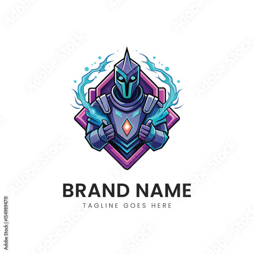 Stylized blue knight character with glowing accents, exuding a magical aura. The vibrant colors create an energetic and heroic atmosphere, perfect for branding.