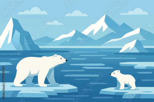 Flat vector panoramic arctic landscape with icebergs polar bears and frozen sea minimal shapes vector-friendly