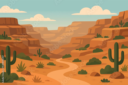 Flat vector panoramic canyon view with layered cliffs desert vegetation and trail path vector-friendly