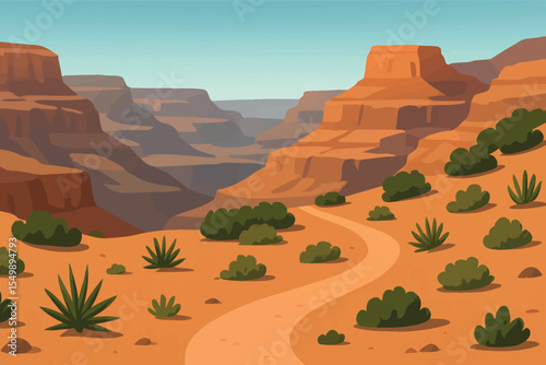 Flat vector panoramic canyon view with layered cliffs desert vegetation and trail path vector-friendly