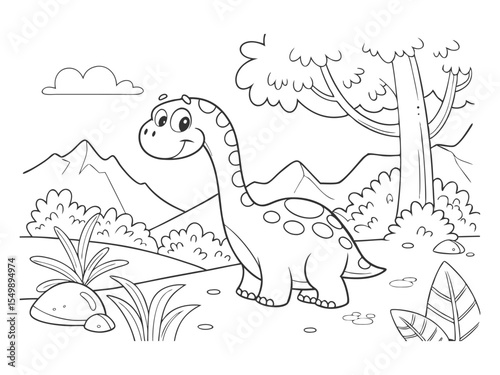 A dinosaur cartoon, cute animal background, prehistoric landscape, coloring outline scene. Dinosaur coloring page for kids printable cute dinosaurs landscape illustration vector art