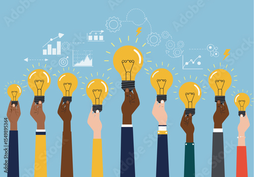 Flat vector of A group of hands holding up lightbulbs, representing ideas and innovation, with a blue background and stylized icons floating above the bulbs
