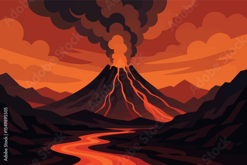 Flat vector panoramic volcano landscape with smoke rising dark rocks and lava flows dramatic palette vector-friendly