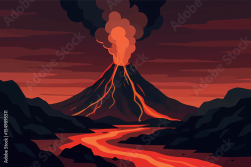 Flat vector panoramic volcano landscape with smoke rising dark rocks and lava flows dramatic palette vector-friendly