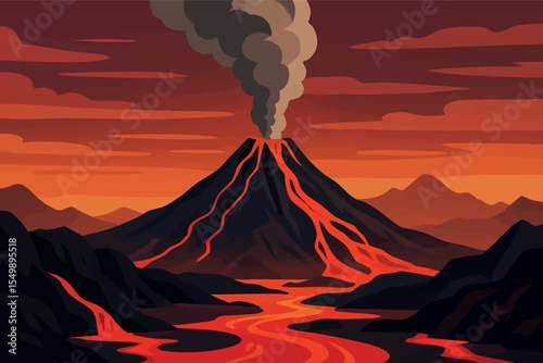 Flat vector panoramic volcano landscape with smoke rising dark rocks and lava flows dramatic palette vector-friendly