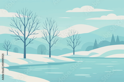 Flat vector panoramic winter landscape with frozen lake bare trees and snowy hills cold pastel tones vector-friendly