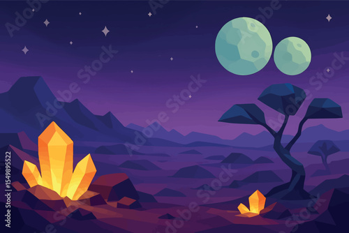 Low poly vector alien planet surface with glowing rocks twin moons strange flora