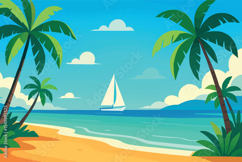 Flat vector panoramic tropical beach landscape with palm trees turquoise ocean sailing boat in distance vibrant summer colors vector-friendly