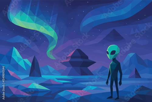 Low poly vector alien tundra with neon-colored ice unknown structures and aurora