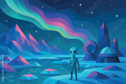 Low poly vector alien tundra with neon-colored ice unknown structures and aurora
