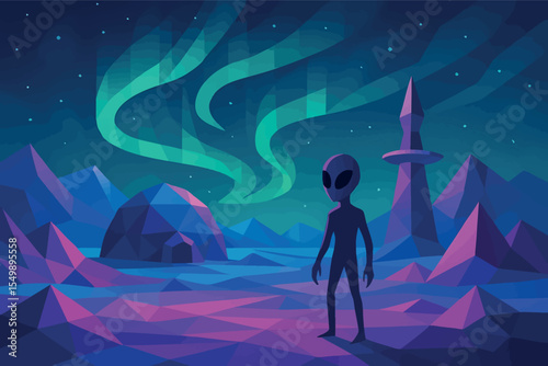 Low poly vector alien tundra with neon-colored ice unknown structures and aurora