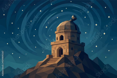 Low poly vector ancient observatory on mountaintop with stars swirling above fantasy theme vector-friendly