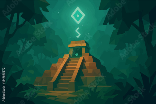Low poly vector ancient ruin temple in jungle with mystical aura stairs and floating runes
