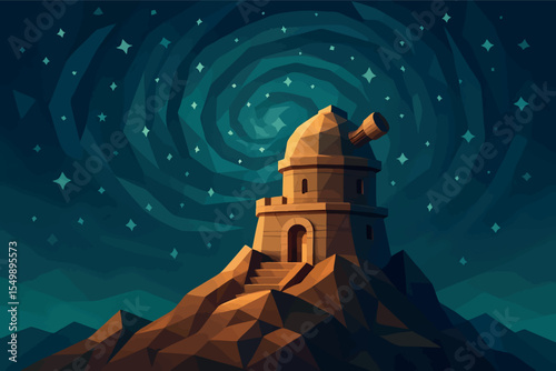 Low poly vector ancient observatory on mountaintop with stars swirling above fantasy theme vector-friendly