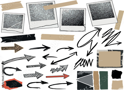 Collection of hand drawn sketch arrows torn paper scraps and vintage polaroid photos with textured backgrounds attached with tape on white background