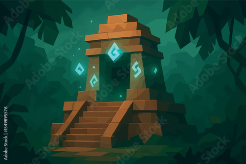 Low poly vector ancient ruin temple in jungle with mystical aura stairs and floating runes