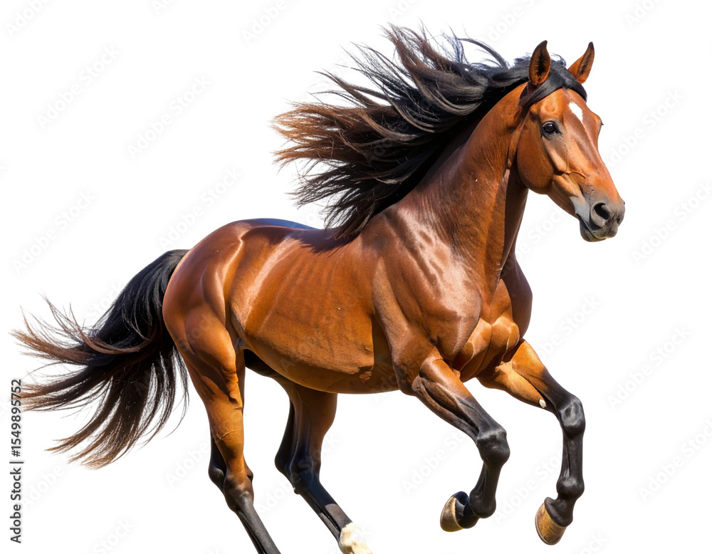 Fototapeta premium Brown Horse in Three-Quarter View with Dynamic Mane, isolated on a transparent background png