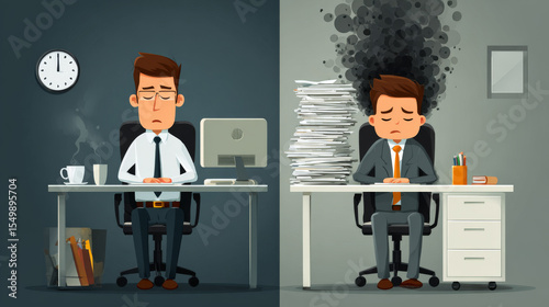A comparison between an efficient office professional and a drained, burned-out employee showcases the contrast between productivity and exhaustion in the workplace