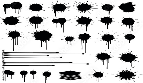 Collection of black ink splatters and drips in various shapes and sizes with abstract paint splashes and lines on a white background