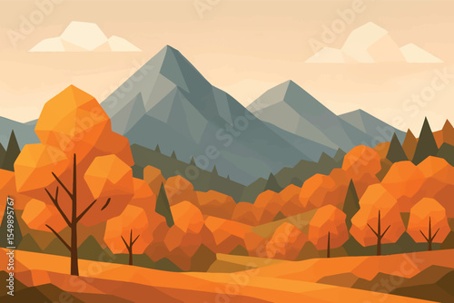 Low poly vector autumn landscape with orange trees forest and distant mountains