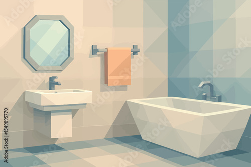 Low poly vector bathroom with bathtub sink mirror and clean modern decor