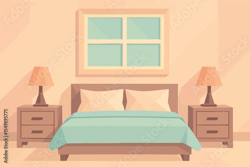 Low poly vector bedroom with bed nightstands lamps and window in pastel tones