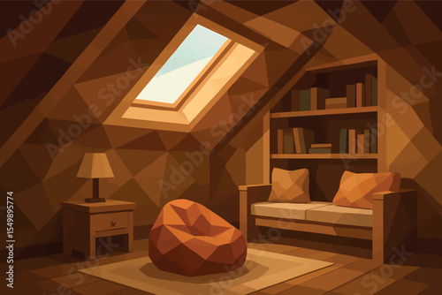 Low poly vector attic room with skylight reading nook and bean bag in cozy space