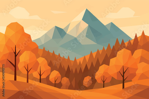 Low poly vector autumn landscape with orange trees forest and distant mountains