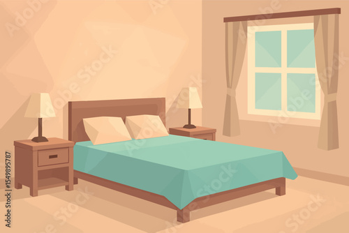 Low poly vector bedroom with bed nightstands lamps and window in pastel tones