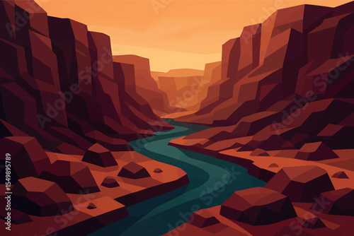 Low poly vector canyon with layered cliffs river and rocks in deep desert colors