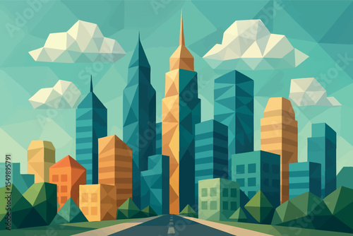 Low poly vector city skyline with geometric skyscrapers streets and clouds