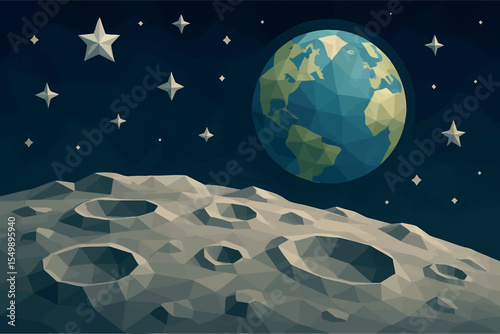 Low poly vector cratered moon surface with Earth and stars in background