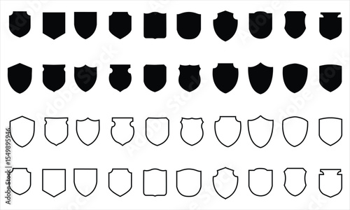 Shield Silhouettes and Outline Icons Vector Set – Emblem Shapes for Security, Heraldry, or Logo Design