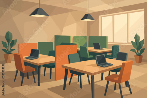 Low poly vector coworking space with desks dividers chairs and laptops collaborative layout