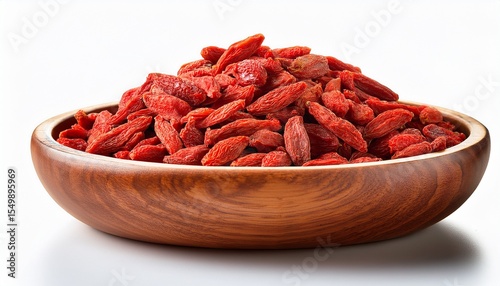 dried goji berries on wooden bowl isolated on transparent background