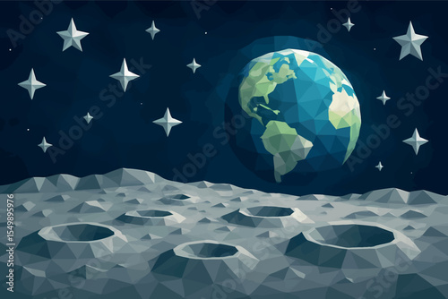 Low poly vector cratered moon surface with Earth and stars in background