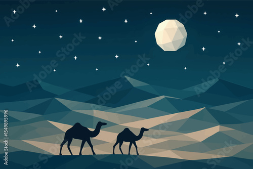 Low poly vector desert night with stars camels and moonlit sand in minimalist style