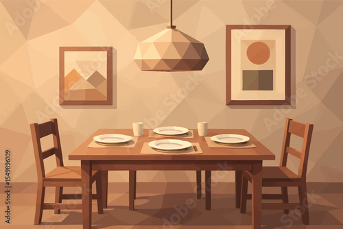 Low poly vector dining room with table set chandelier and modern wall art in cozy interior
