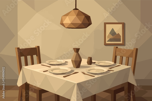 Low poly vector dining room with table set chandelier and modern wall art in cozy interior