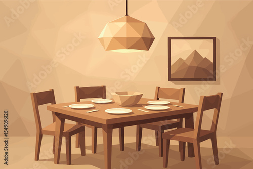 Low poly vector dining room with table set chandelier and modern wall art in cozy interior