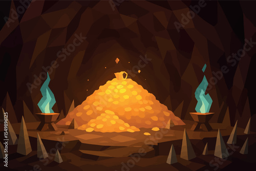 Low poly vector dragon's lair with glowing treasure spikes and enchanted fire pits vector-friendly