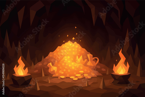 Low poly vector dragon's lair with glowing treasure spikes and enchanted fire pits vector-friendly